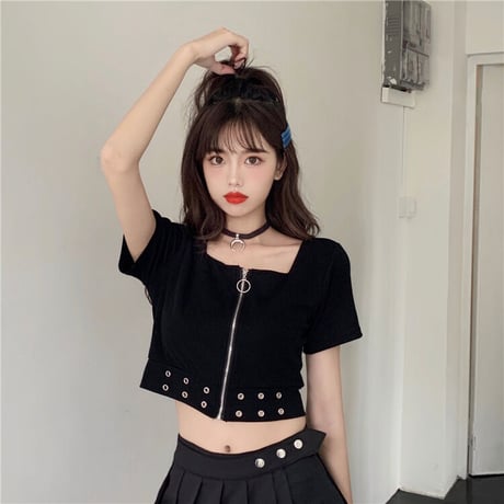 クロップド丈 Tシャツ フロントファスナー ジップアップ トップス ショート丈 スクエアネック 半袖 へそ出し 韓国ファッション レディース カジュアル DTC-674971025180