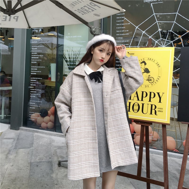 チェック柄 ウール チェスターコート 韓国ファッション レディース ...