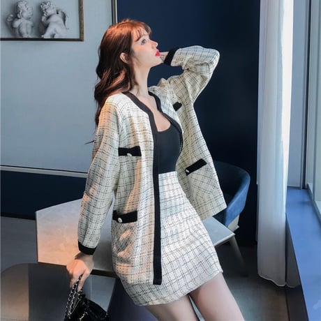 セットアップ チェック柄 カーディガン ジャケット ＋ スカート 上下セット 韓国ファッション レディース 大人可愛い かわいい ガーリー DTC-632531662841