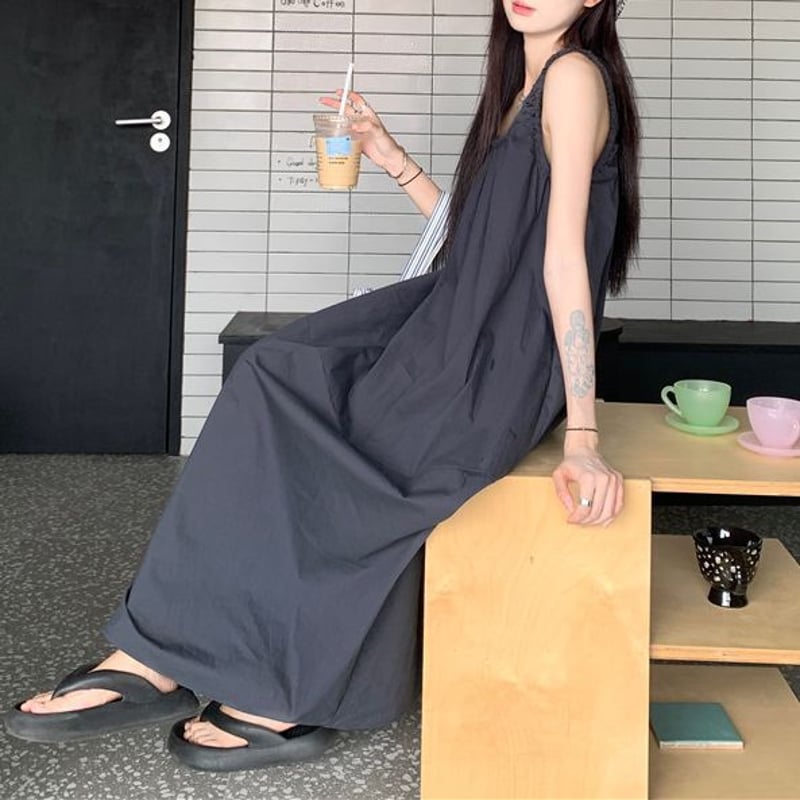 ノースリーブ ワンピース ギャザー ゆったりウエスト ロングワンピース