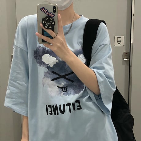 Tシャツ 半袖 ラウンドネック プリント ドロップショルダー 大きめ オーバーサイズ 韓国ファッション レディース カジュアル ストリートファッション DTC-644950773167