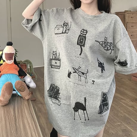 tシャツ 漫画風プリント トップス 半袖 クルーネック オーバーサイズ ルーズ ゆったり カジュアル レトロ 韓国ファッション レディース DTC-771349016436