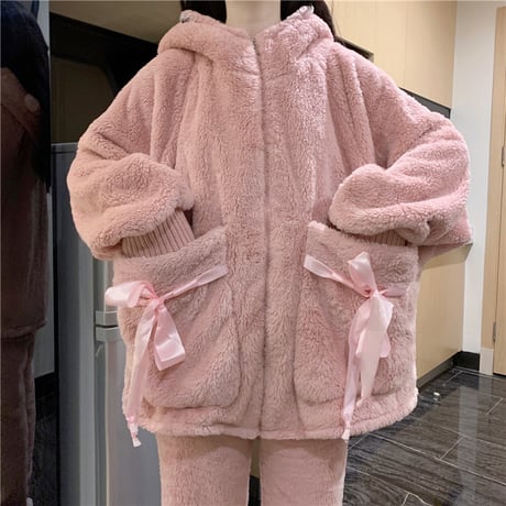 ルームウェア パジャマ セットアップ 耳付き リボン もこもこ ボア 上下セット 部屋着 寝間着 大人可愛い ガーリー DTC-665152458223