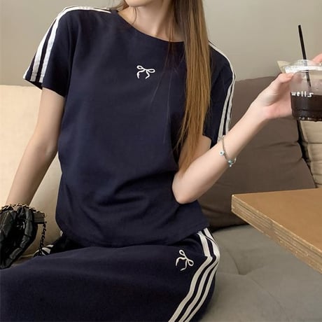 セットアップ 上下セット サイドライン ワンポイントリボン トップス ロングスカート 半袖 スポーツミックス 韓国ファッション レディース 大人可愛い ガーリー DTC-792440908468