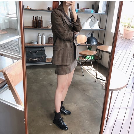 セットアップ テーラードジャケット ＋ ミニスカート 韓国ファッション レディース ジャケット ブレザー ハイウエスト ミニスカート チェック柄 レトロ 秋 冬 (DCT-601384328311)