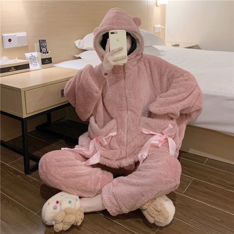 ルームウェア パジャマ セットアップ 耳付き リボン もこもこ ボア 上下セット 部屋着 寝間着 大人可愛い ガーリー DTC-665152458223