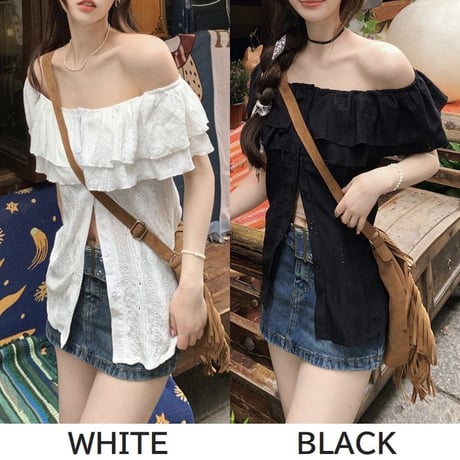 2way フリル ブラウス オフショルダー レース スリムフィット トップス 半袖 レトロ 大人可愛い ガーリー カジュアル DTCA-798480271659