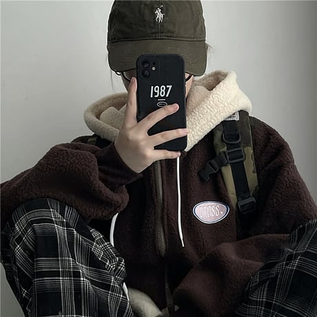 ユニセックス バイカラー フード付き ボアジャケット ボアブルゾン ボアパーカー ジップアップ オーバーサイズ ラムウール 韓国ファッション カジュアル ストリート系 DTC-662379916607
