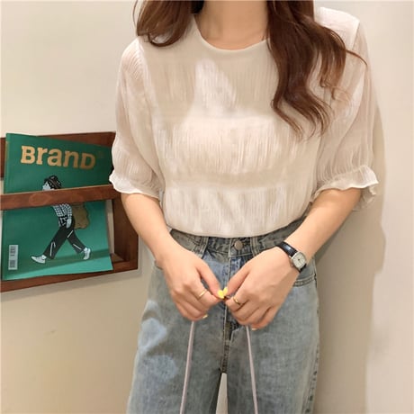 プリーツ ティアード ブラウス パフ袖 半袖 シフォン 韓国ファッション レディース  トップス 薄手 無地大人可愛い ガーリー フェミニン DTC-619794661879