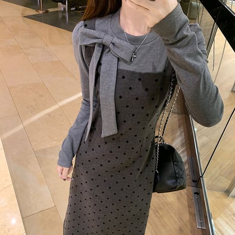 フェイクレイヤード ロングワンピース フェイクツーピース リボンタイ付き カットソー ドット柄ワンピース スリムフィット 長袖 レトロ 大人可愛い ガーリー DTC-865203893747