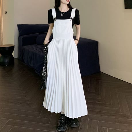 プリーツサロペットスカート ロング丈 ノースリーブ サロペットスカート プリーツ ハイウエスト Aライン レトロ 韓国ファッション レディース 大人可愛い ガーリー DTC-716408531500