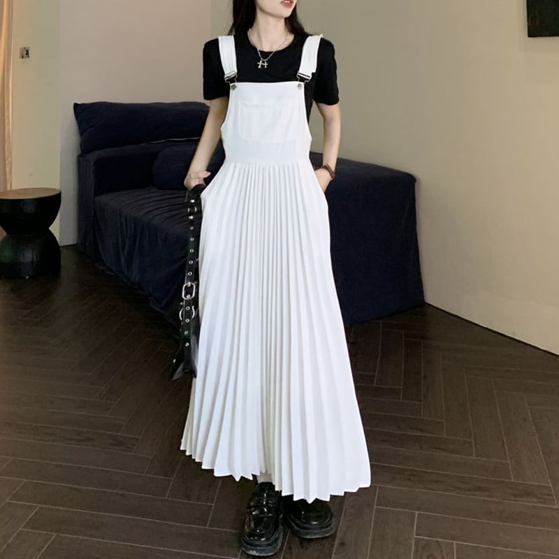 プリーツサロペットスカート ロング丈 ノースリーブ サロペット