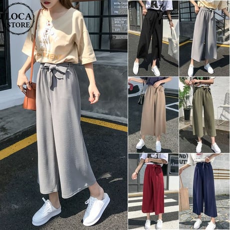 レディース ワイドパンツ ガウチョパンツ ハイウエスト ウエストリボン パンツ ボトムス 韓国ファッション オルチャン (DCT-576943177093)