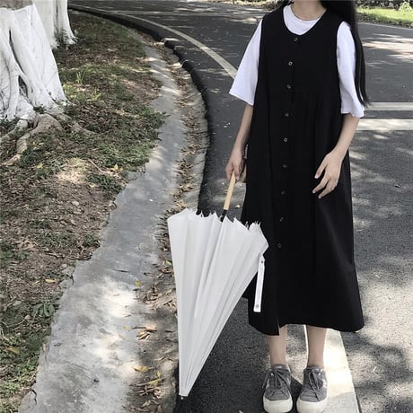 ワンピース ノースリーブ フロントボタン 韓国ファッション レディース シンプル シングルブレスト ガーリー DTC-599576065242
