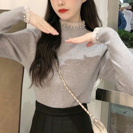 ニット パール レース フリル トップス リブニット スリムフィット ハーフハイネック タイト 長袖 レトロ 韓国ファッション レディース 大人可愛い ガーリー DTCA-774484225398