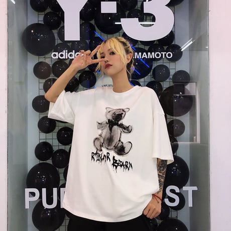 レディース 可愛いクマプリント Tシャツ ラウンドネック ゆったり 半袖 インスタ映え ストリート 韓国ファッション ホワイト ピンク (DCT-596953364679)