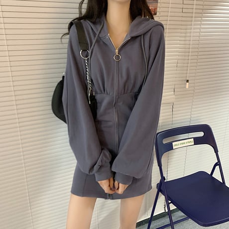 パーカーワンピース ジップアップ ミニワンピース 薄手 ルーズ ハイウエスト 長袖 レトロ 韓国ファッション レディース 大人可愛い ガーリー カジュアル DTC-682606513025