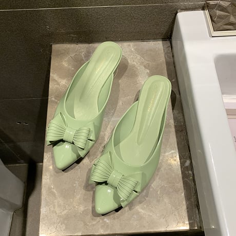 【Soervimy】 ラバーミュール レインシューズ ラバーサンダル ヒール4cm リボン 韓国ファッション レディース チャンキーヒール 雨 梅雨 ラバー 防水 61741167237