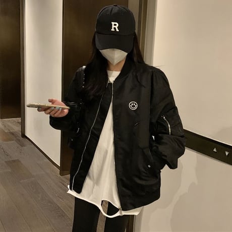 スタジャン スマイル ブルゾン ゆったり アウター 韓国ファッション レディース MA-1 ニコちゃん カジュアル ストリートファッション シンプル DTC-653848718257