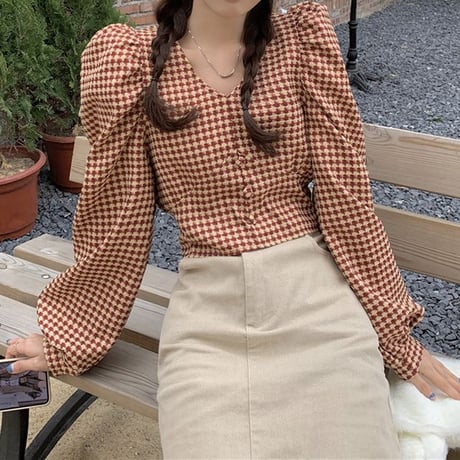 ブラウス シャツ 千鳥格子 チェック柄 Vネック ノーカラー ショート丈 パフスリーブ 長袖 レトロ 韓国ファッション レディース 大人可愛い ガーリー フェミニン DTC-665396622578