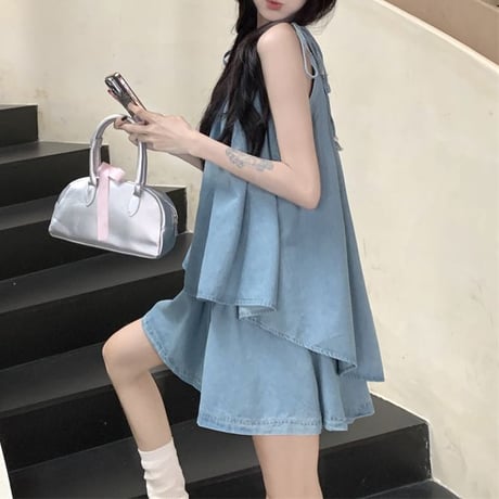 セットアップ 2点セット デニム ギャザー キャミソール トップス ショートパンツ ウエストゴム レトロ 韓国ファッション レディース 大人可愛い ガーリー DTC-801435157676