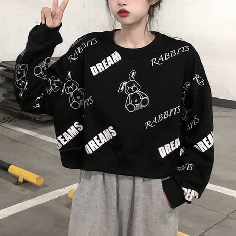 トレーナー うさぎ ラビット ショート丈 ルーズ 長袖 トップス クロップド丈 韓国ファッション レディース ガーリー カジュアル ストリートファッション DTC-652576796234