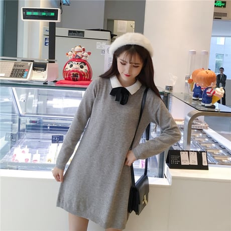 襟付き ニットワンピース 韓国ファッション レディース ボウタイ リボン 長袖 シンプル レトロ ガーリー 秋 冬 大人カジュアル (DTC-581766801275)
