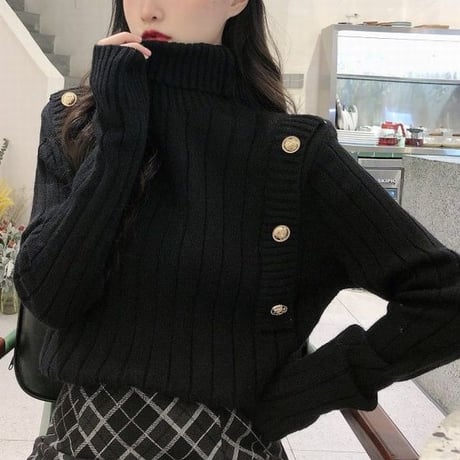 タートルネック リブニット プルオーバー 長袖 ニット レトロ 韓国ファッション レディース 大人可愛い ガーリー カジュアル DTC-656658948625