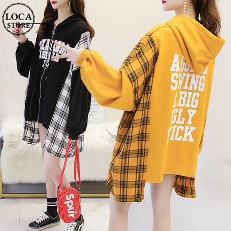ドッキングトップス ジップアップ パーカー ＋ ネルシャツ チェック柄 薄手 不規則デザイン ゆったり 韓国ファッション レディース ガーリー カジュアル DTC-612785449184