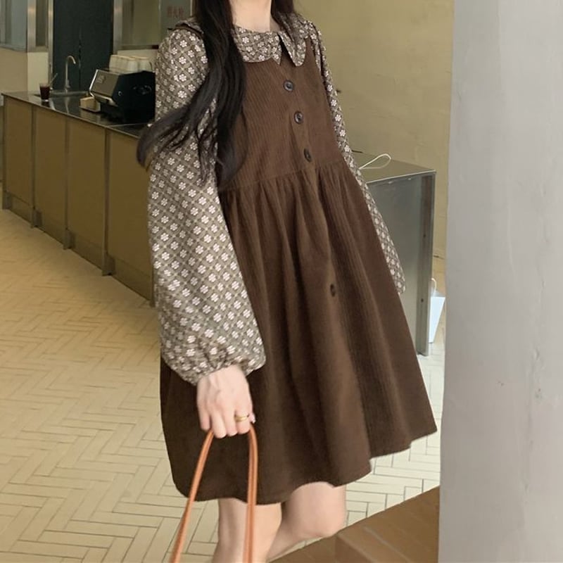 韓国 2点セット フリル襟ブラウス 刺繍 ジャンスカ ハーフボタン セットアップ 花柄チェック ブラウス コーデュロイ ジャンパー