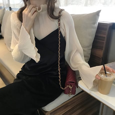セットアップ キャミワンピース ＋ シフォンブラウス 韓国ファッション レディース キャミワンピ ブラウス レトロ シンプル ガーリー (DTC-600372836260)