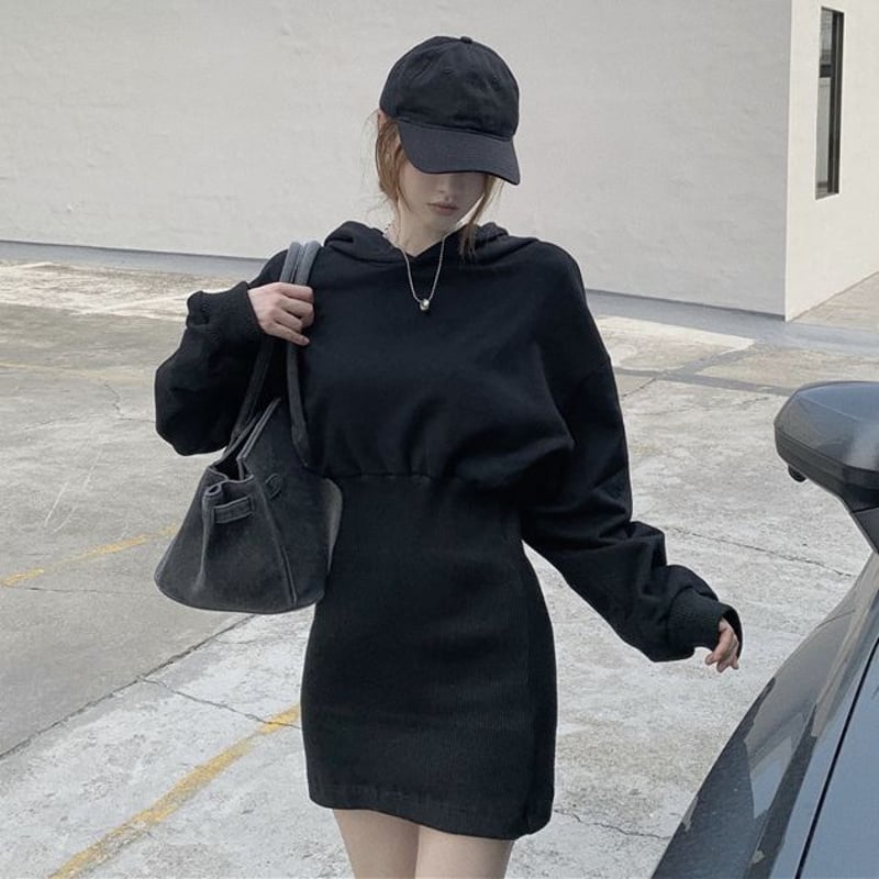 フード付き ワンピース ハイウエスト ミニワンピース パーカー