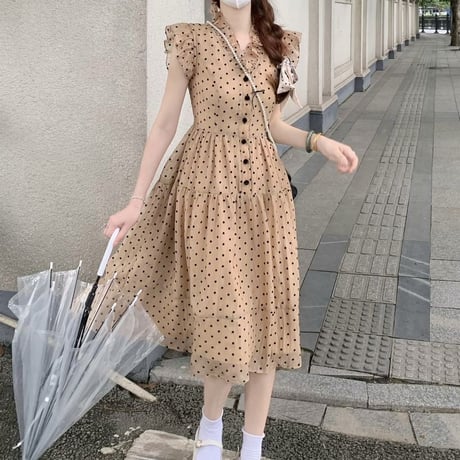 ドット柄 ノースリーブ ワンピース フリル フロントボタン Vネック ハイウエスト レトロ 韓国ファッション レディース 大人可愛い ガーリー フェミニン DTC-675541698985