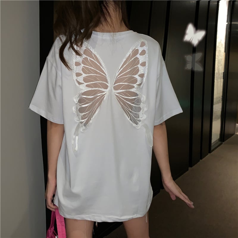 Tシャツ 半袖 シースルー バタフライ ホワイト 韓国ファッション