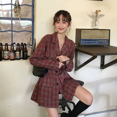 シャツ ワンピース ベルト付き チェック柄 韓国ファッション レディース ミニ丈 シャツ チェックシャツ 長袖 レトロ 秋 冬 (DTC-604367238751)