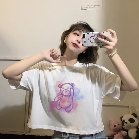 クマちゃん Tシャツ 半袖 ショート丈 ホワイト 韓国ファッション レディース ベアー 白 シンプル カットソー ラウンドネック かわいい カジュアル ガーリー 619021188402_wt