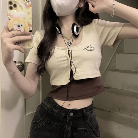 【2カラー】 フェイクレイヤード Tシャツ ショート丈 ロゴ 半袖 レトロ 韓国ファッション レディース 大人可愛い ガーリー DTC-769920832386