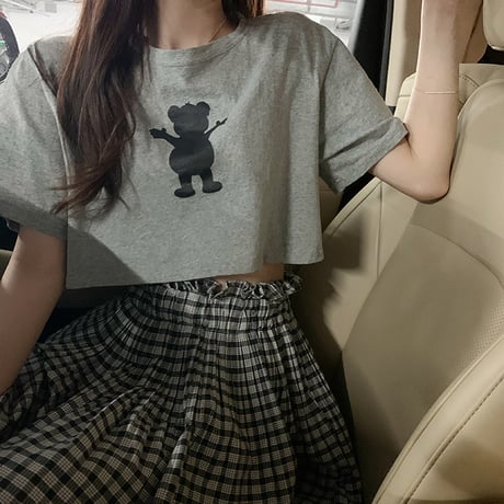 クロップドTシャツ クマ ベアー プリント 半袖 クロップド丈 ラウンドネック 韓国ファッション レディーストップス ショート丈 大人可愛い ガーリー DTC-619171525060