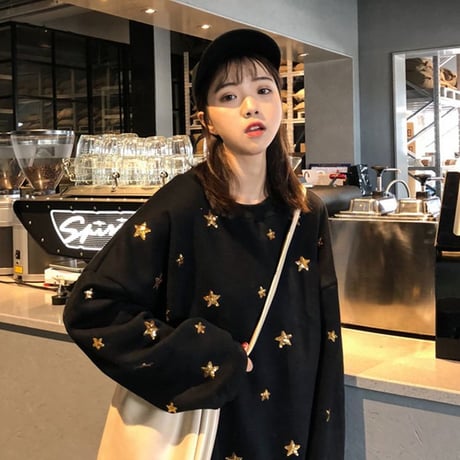 スウェット トレーナー キラキラ 韓国ファッション レディース 星 スター スパンコール 春 秋 冬 プルオーバー 大きいサイズ ボリューム袖 韓国 (DTC-574247927388)