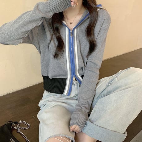 【4カラー】 フード付き ニットカーディガン ニットパーカー 配色ライン ジップアップ リブ編み 長袖 韓国ファッション レディース 大人可愛い ガーリー カジュアル DTC-656199441917