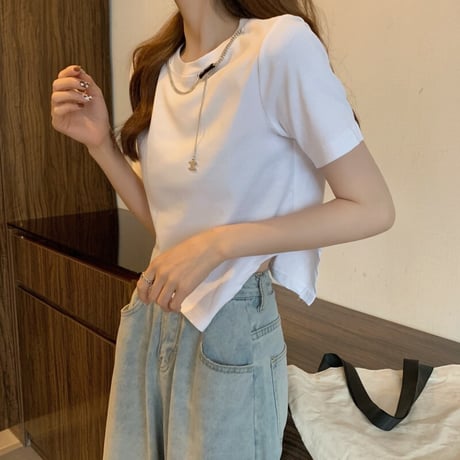 不規則デザイン クロップド丈 Tシャツ チェーンアクセサリー へそ出し 半袖 ルーズ 韓国ファッション レディース ショート丈 トップス 大人可愛い ガーリー DTC-641554527516