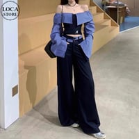 セットアップ 上下セット ストライプ柄 トップス ワイドパンツ 2way Vネック オフショルダー ブラウス ボトムス 長袖 レトロ 大人可愛い ガーリー DTCA-886455915338