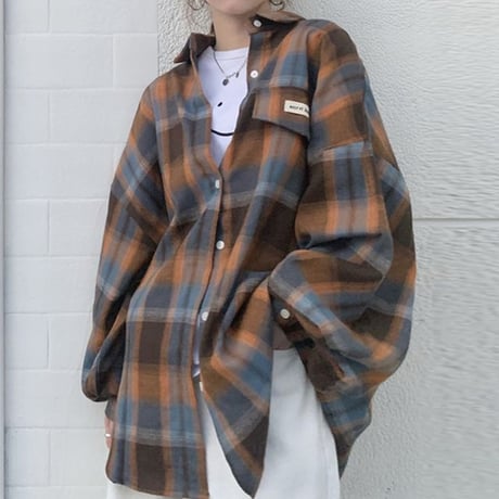 チェック柄 シャツ オーバーサイズ チェックシャツ ポロカラー ロング丈 長袖 レトロ 韓国ファッション レディース 大人可愛い ガーリー カジュアル ストリート系 DTC-657088633339