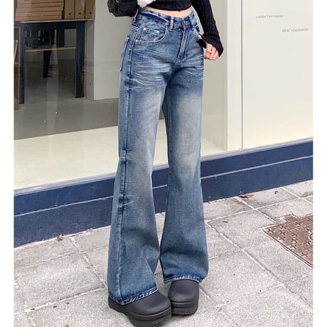 デニムパンツ ブラスト加工 スリム Gパン デニム ドレープ ボトムス ハイウエスト ルーズ パンツ ズボン レトロ 大人可愛い ガーリー カジュアル DTCA-863235522285