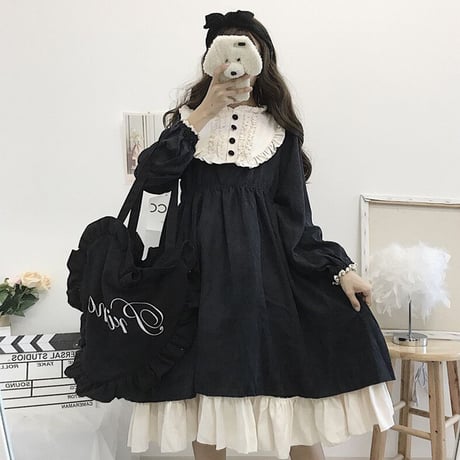 ワンピース ロリータ風ワンピース ロリータ ゴシック フリル ハイウエスト 伸縮性ウエスト 長袖 レトロ ガーリー フェミニン DTC-600749332516