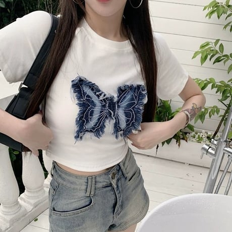 tシャツ バタフライ パッチワーク クロップド丈 ショート丈 スリムフィット トップス スリムトップス へそ出し 半袖 レトロ カジュアル ストリート女子 DTCA-780988742873