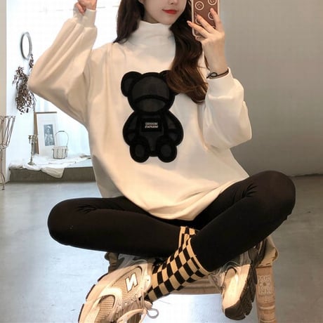 tシャツ ハイネック 裏起毛 クマちゃん ベアー トップス ゆったり プラスベルベット 長袖 レトロ 韓国ファッション レディース 大人可愛い ガーリー フェミニン DTC-659982367382