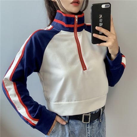 ハーフジップ トレーナー ハイネック 袖ライン プルオーバー 長袖 ショート丈 韓国ファッション レディース スウェット カジュアル ストリートファッション DTC-651474973001