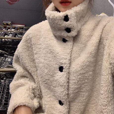 ボアブルゾン ボタン 韓国 ファッション レディース ボアジャケット アウター コート ジャケット もこもこ ボア 羊毛 ドロップショルダー (DTC-607833991360)