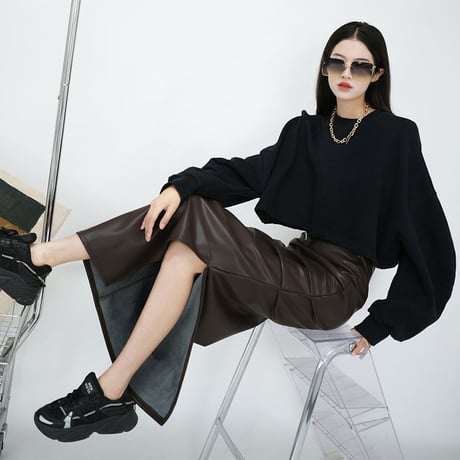 レザースカート スリット ギャザー ハイウエスト スリム ロングスカート Aライン フェイクレザー PU スカート レトロ 大人可愛い ガーリー DTCA-836026991450